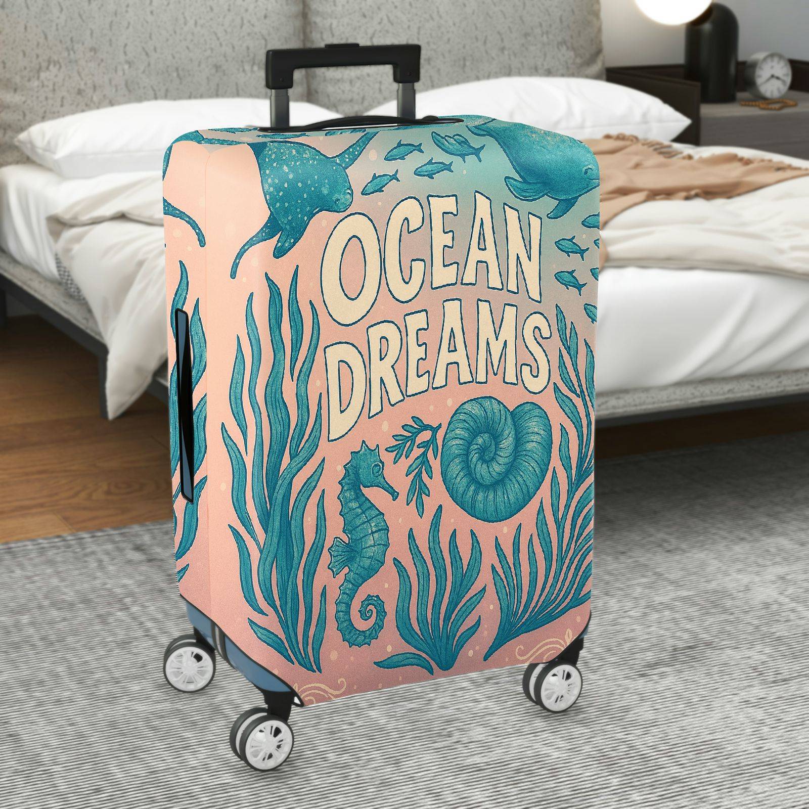 1-Piece Ocean Dreams Seahorse Conch Seaweed Marine  Suitcase Luggage Cover, Stretch Protective Sleeve