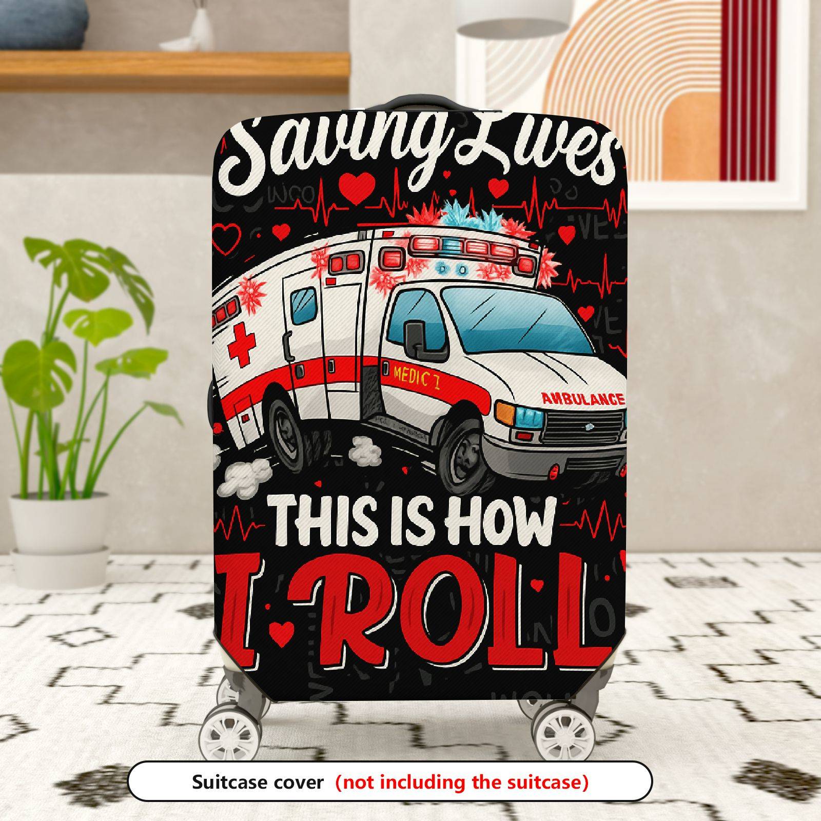 1-Piece Ambulance Saving Lives Heart EKG Emergency Red  Suitcase Luggage Cover, Stretch Protective Sleeve