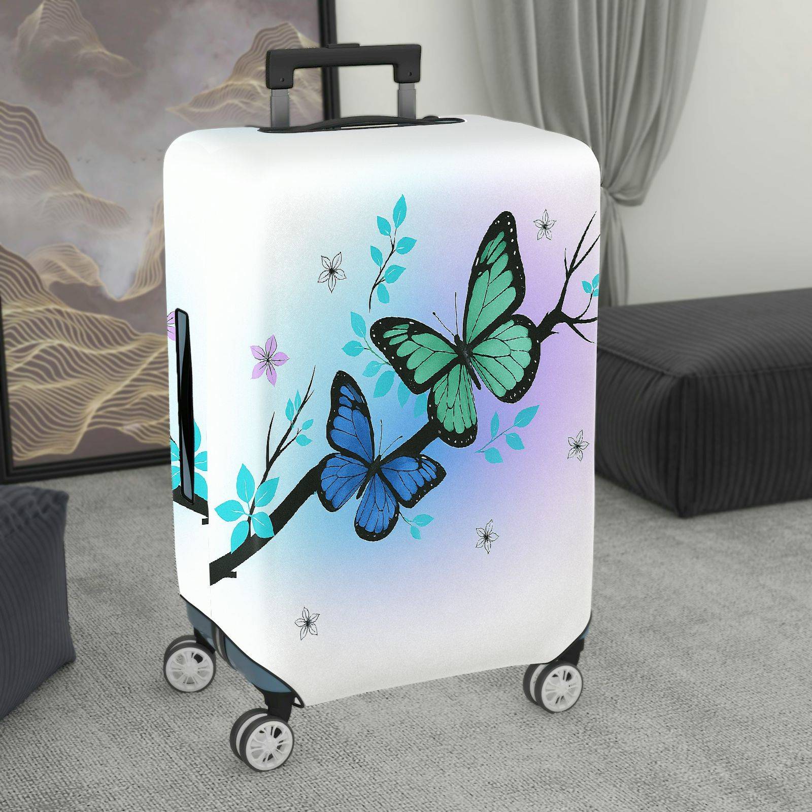 1-Piece Butterfly Floral Gradient Nature Artistic  Suitcase Luggage Cover, Stretch Protective Sleeve