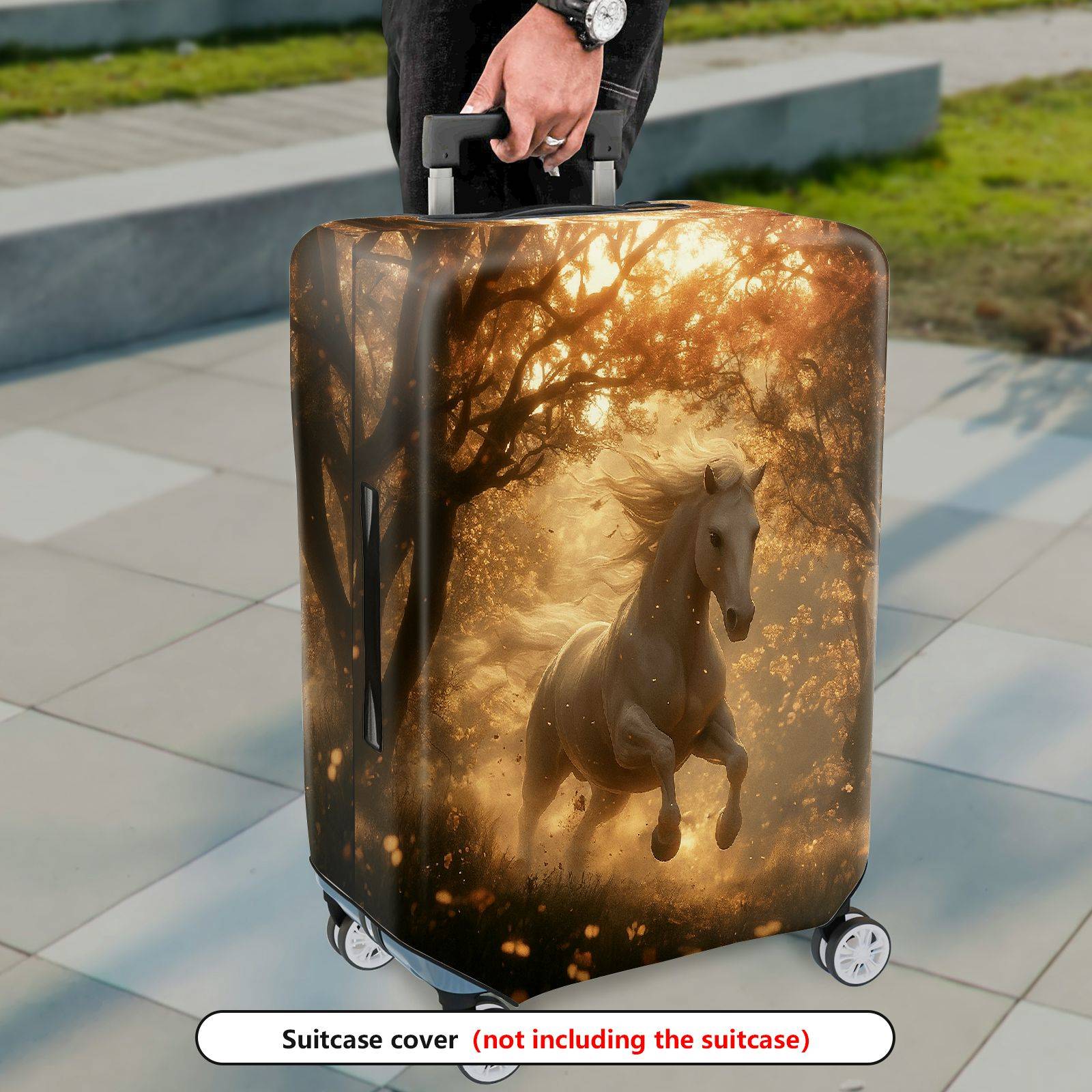 1-Piece Golden Forest Horse Fantasy Running Wildlife Artistic  Suitcase Luggage Cover, Stretch Protective Sleeve