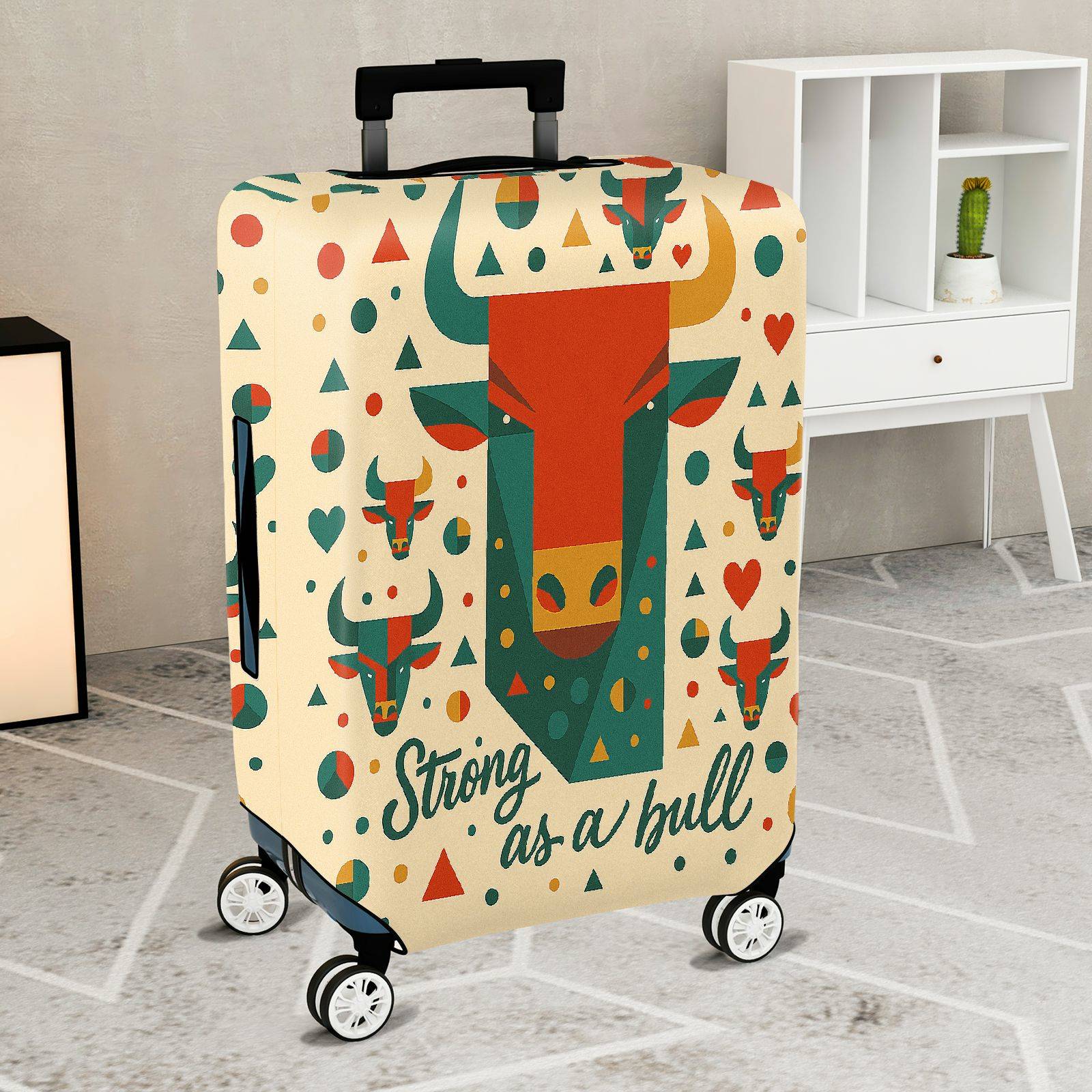 1-Piece Geometric Bull Pattern Red Green Bold Art Animal  Suitcase Luggage Cover, Stretch Protective Sleeve