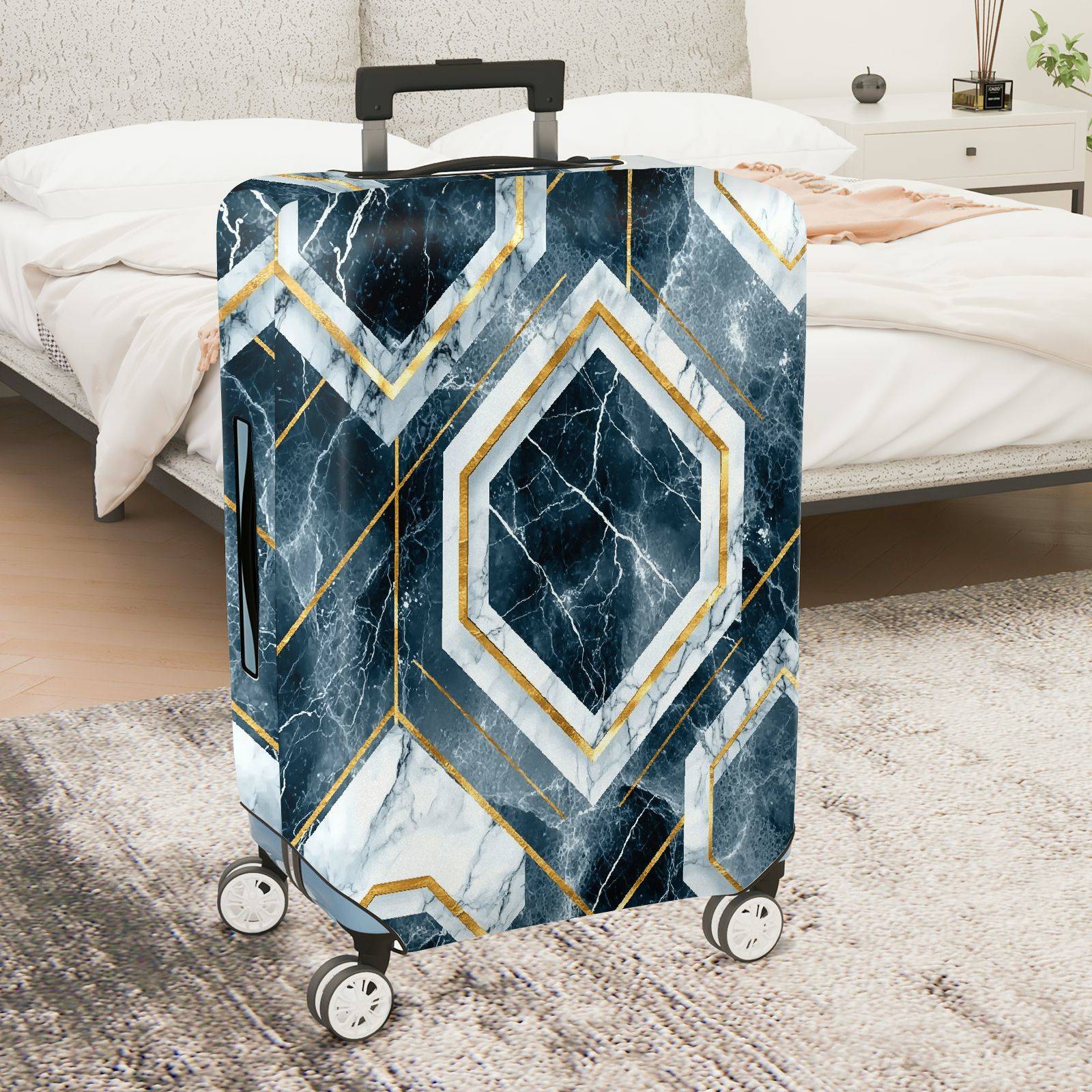 1-Piece Geometric Marble Pattern Navy Gold Elegant Abstract  Suitcase Luggage Cover, Stretch Protective Sleeve