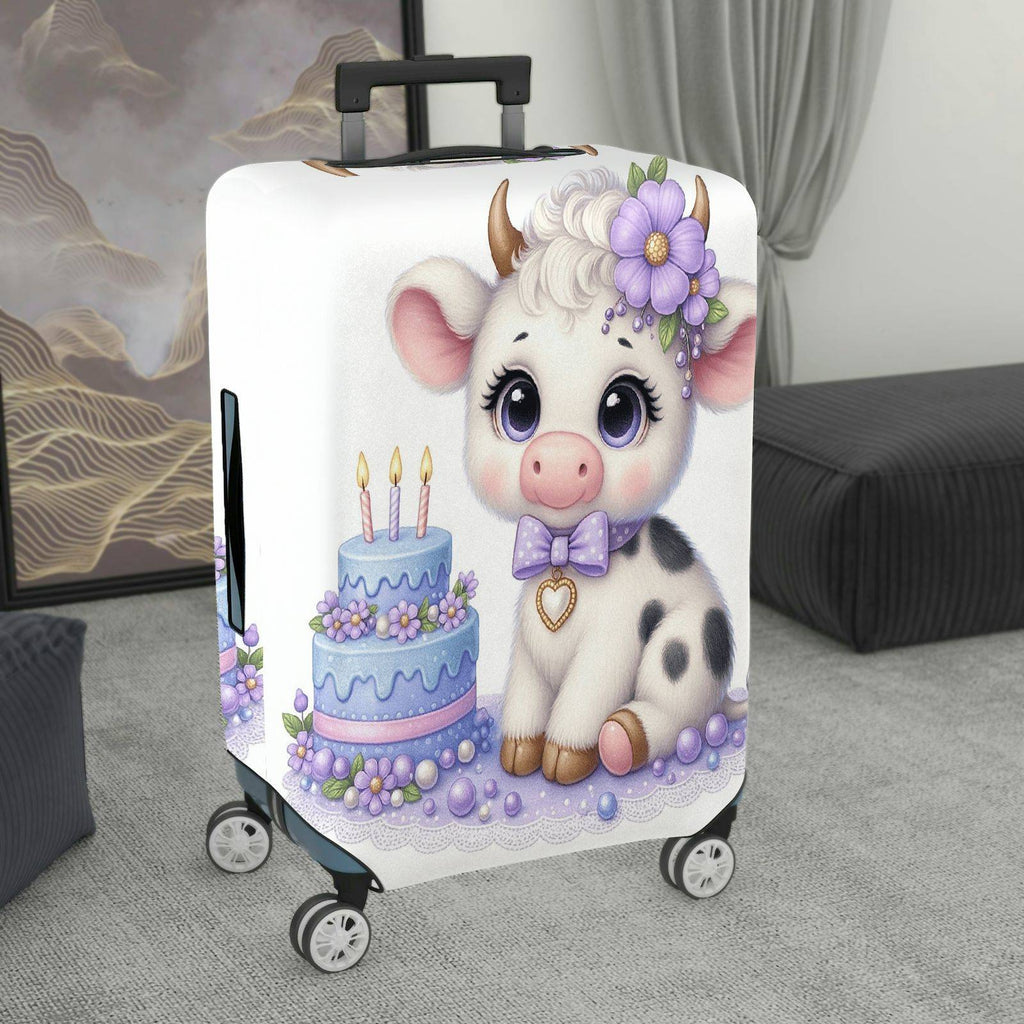 1-Piece Adorable  Cow Birthday Cake Purple Flower Decorative  Suitcase Luggage Cover, Stretch Protective Sleeve