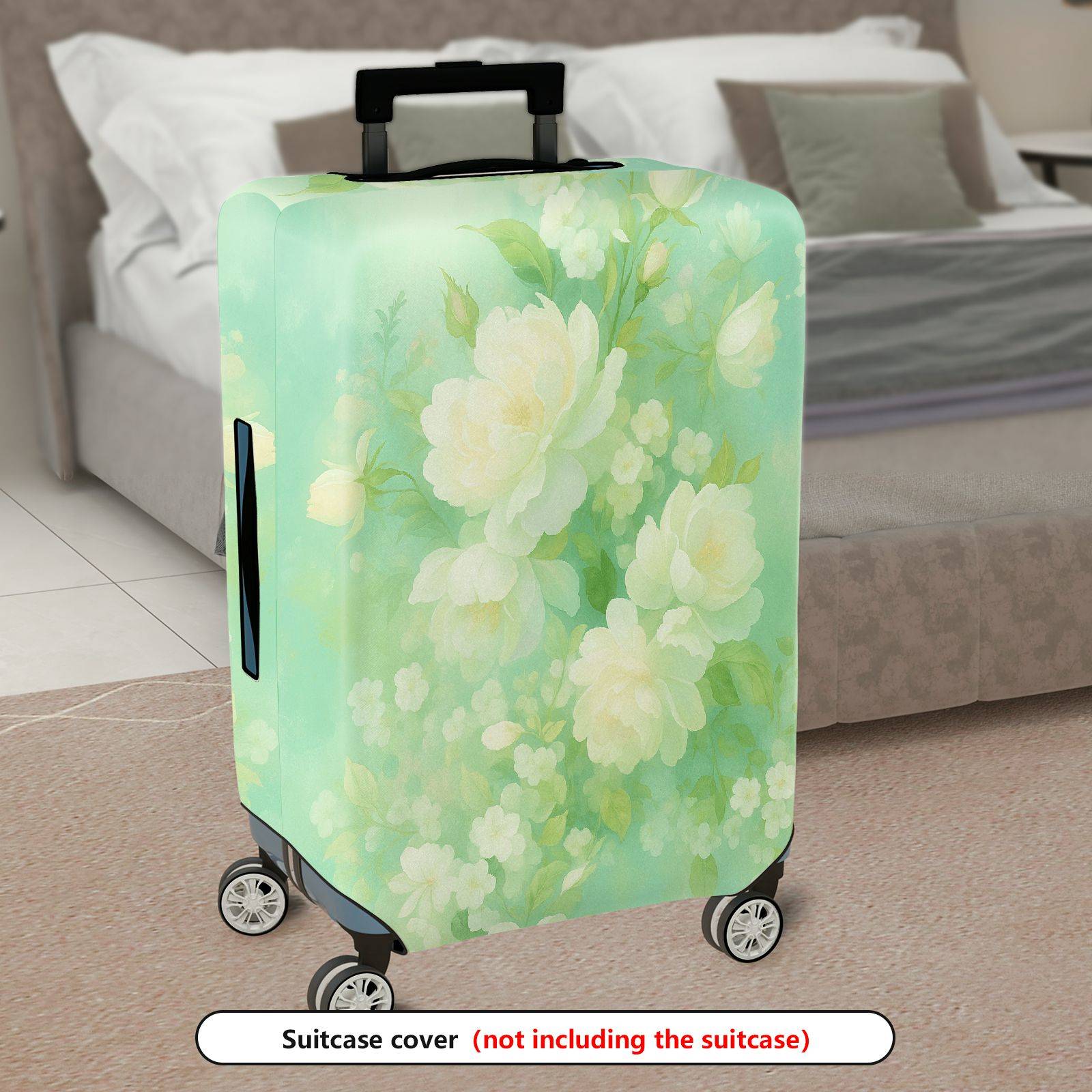 1-Piece Green Floral Pattern White Rose Vintage Style Elegant Travel  Suitcase Luggage Cover, Stretch Protective Sleeve