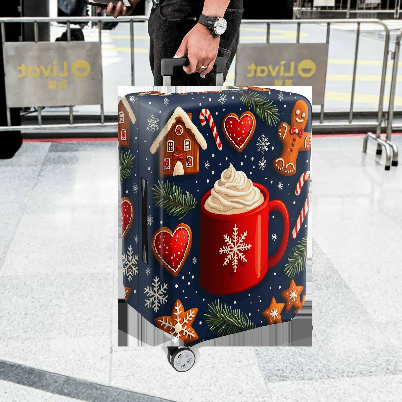 1-Piece Christmas Holiday Winter Mug Gingerbread Heart  Suitcase Luggage Cover, Stretch Protective Sleeve