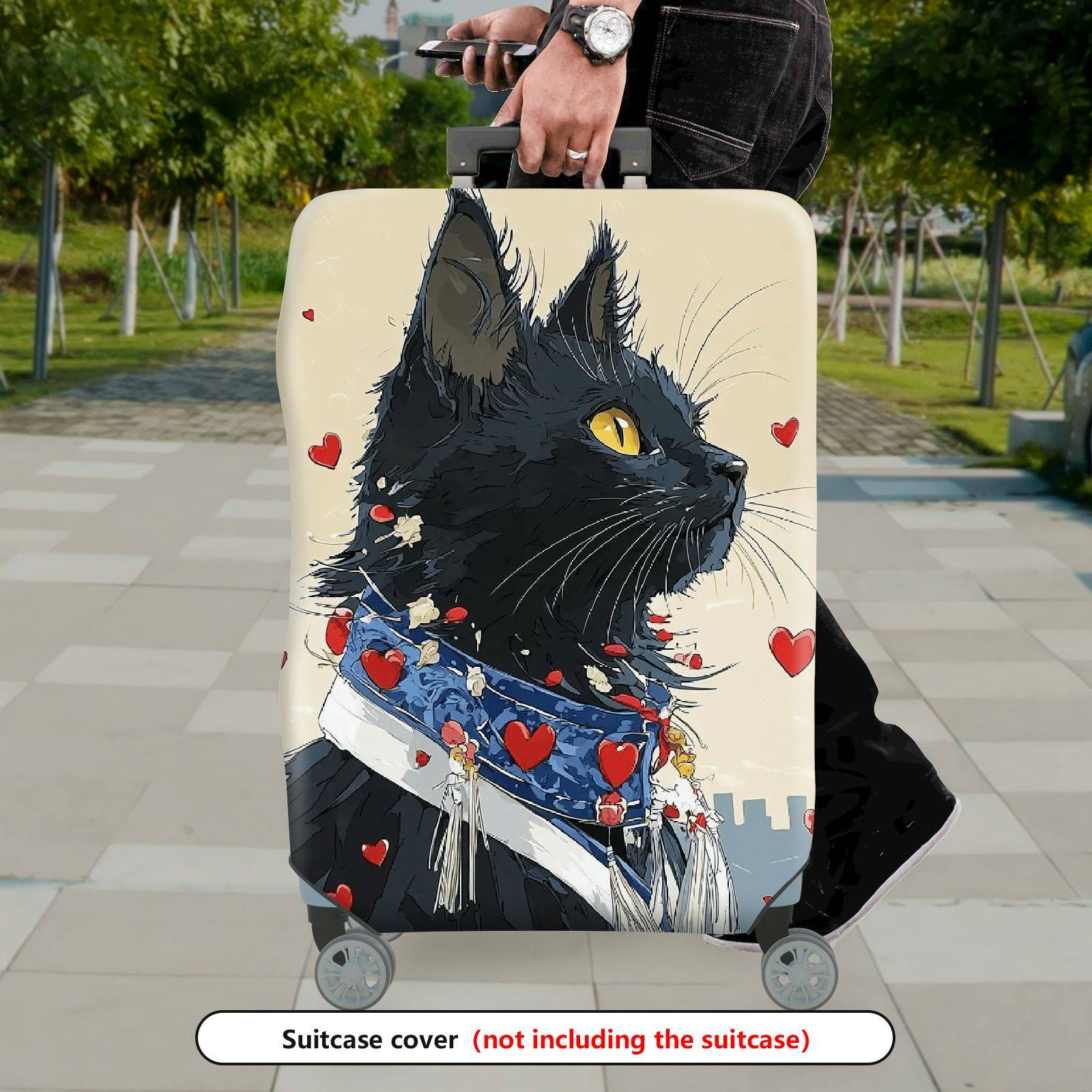 1-Piece Black Cat Heart Love Red Artistic  Suitcase Luggage Cover, Stretch Protective Sleeve