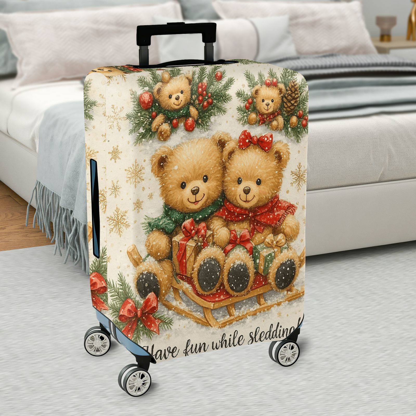 1-Piece Christmas Teddy Bear Snow Winter Holiday  Suitcase Luggage Cover, Stretch Protective Sleeve