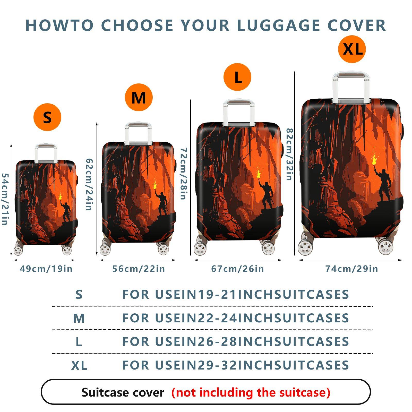 1-Piece Adventure Explorer Silhouette Fire Red Cave  Suitcase Luggage Cover, Stretch Protective Sleeve