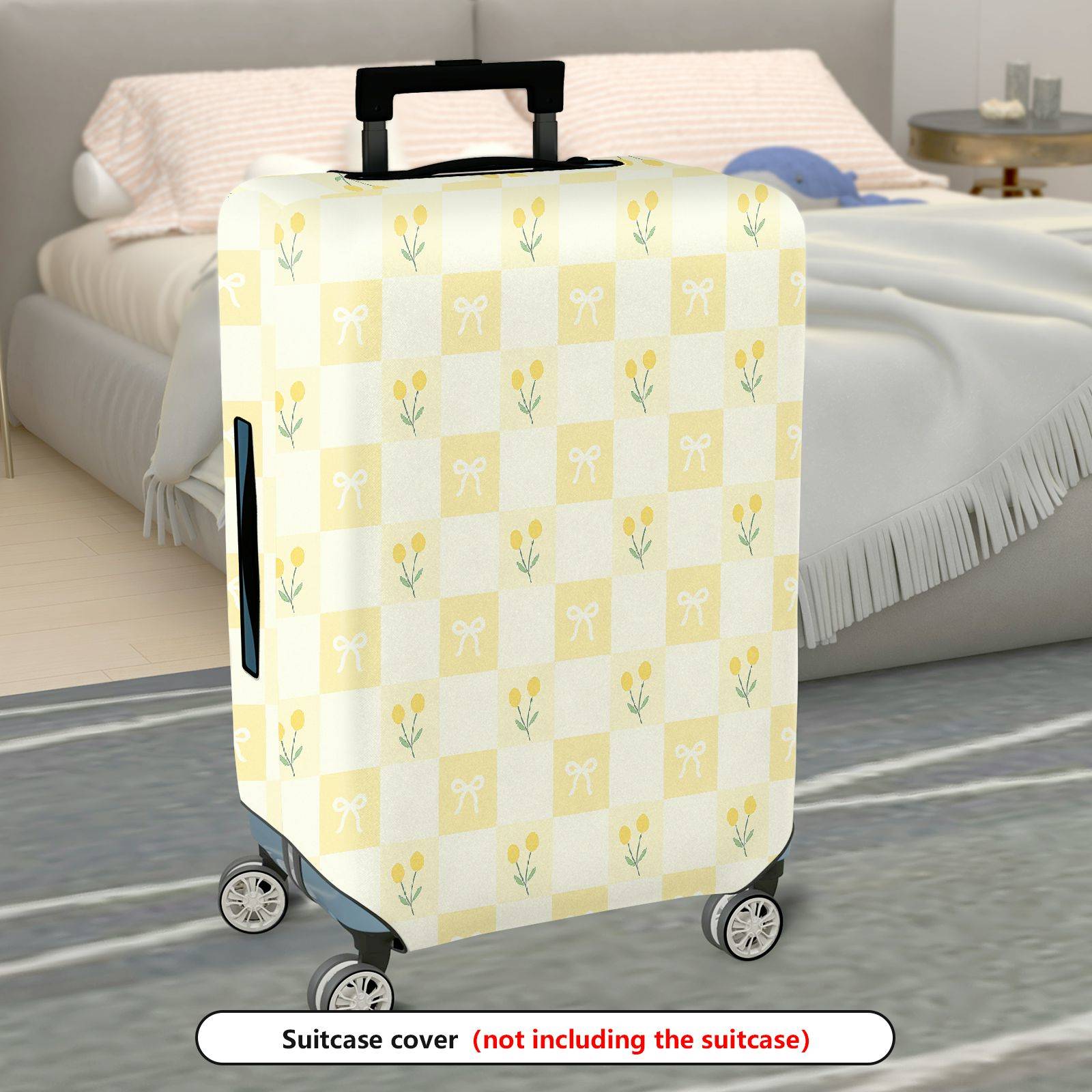 1-Piece Yellow Floral Checkered Bow Spring Pattern  Suitcase Luggage Cover, Stretch Protective Sleeve