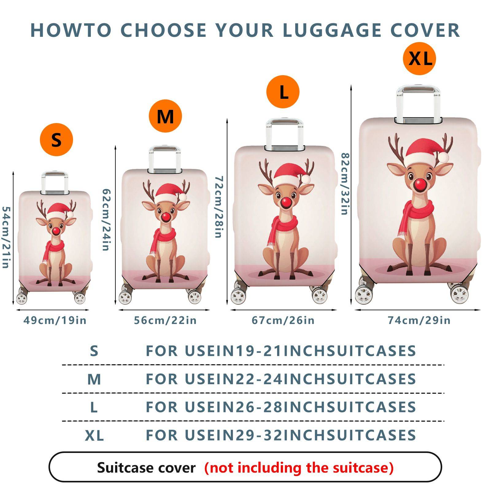 1-Piece Reindeer Santa Hat Red Nose Christmas Holiday Travel  Suitcase Luggage Cover, Stretch Protective Sleeve