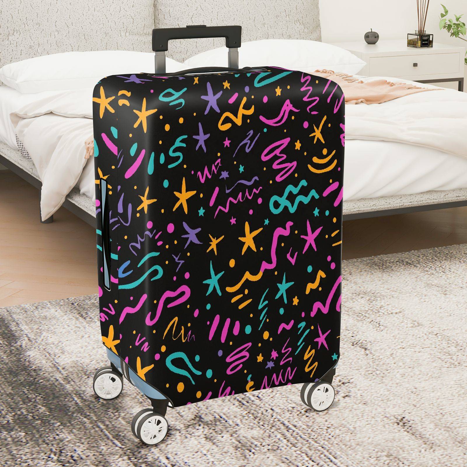 1-Piece Abstract Colorful Star Line Art Pattern Black  Suitcase Luggage Cover, Stretch Protective Sleeve