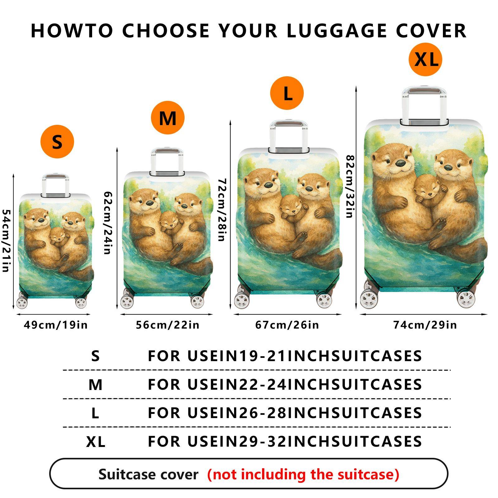 1-Piece Adorable Otter Watercolor Art  Nature Family  Suitcase Luggage Cover, Stretch Protective Sleeve