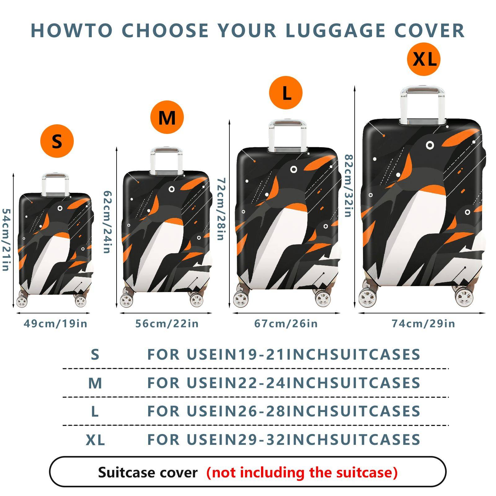1-Piece Penguin Black White Orange Geometric Modern Travel  Suitcase Luggage Cover, Stretch Protective Sleeve