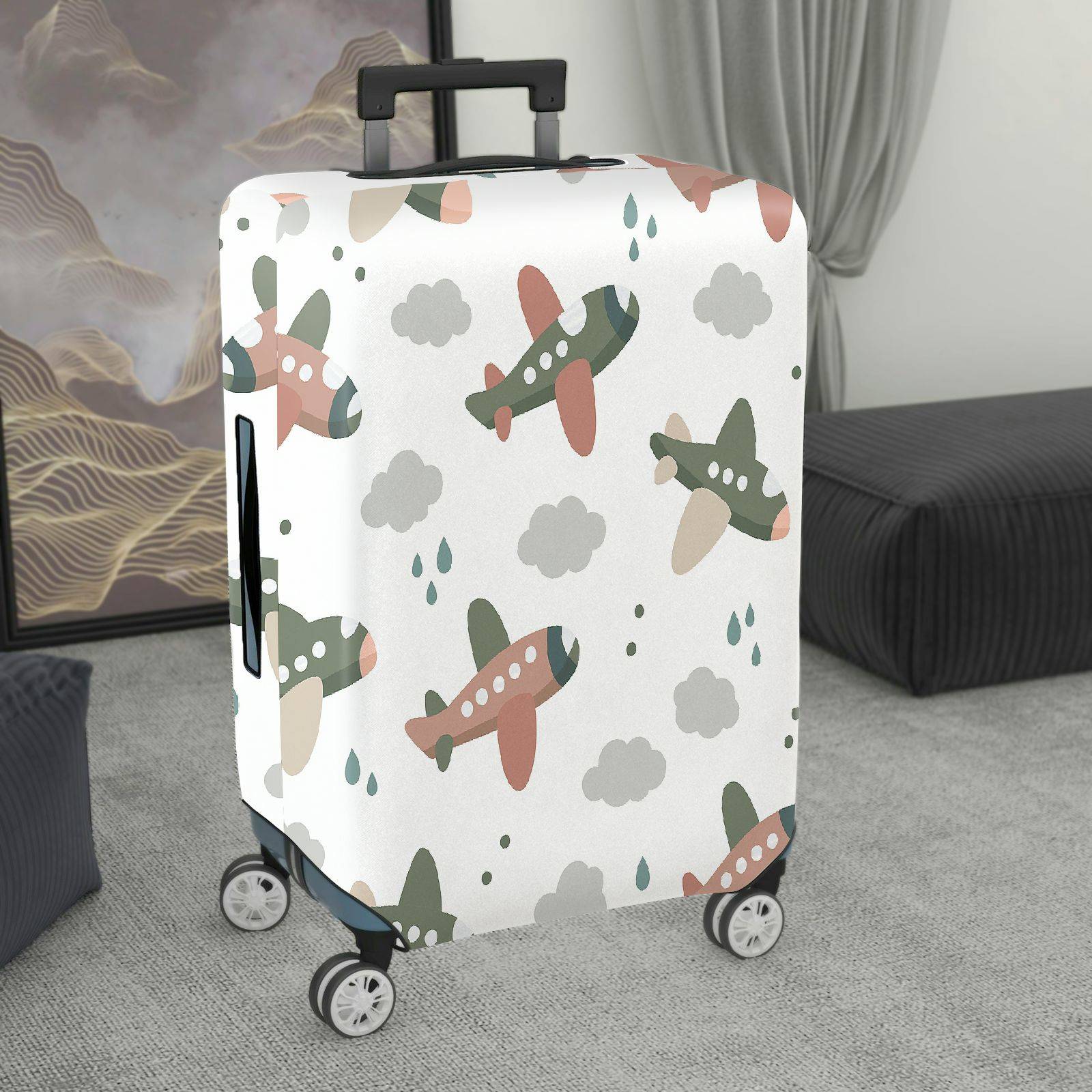 1-Piece Airplane Cloud Raindrop Pattern  Playful Travel  Suitcase Luggage Cover, Stretch Protective Sleeve