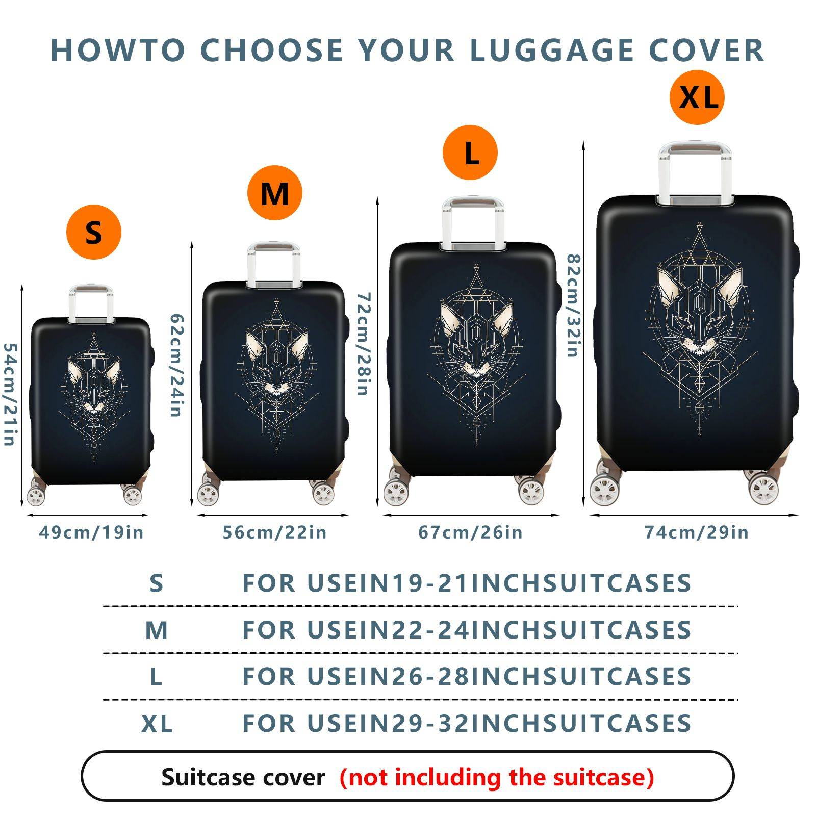 1-Piece Geometric Cat Art Design Black Modern Sleek Stylish  Suitcase Luggage Cover, Stretch Protective Sleeve