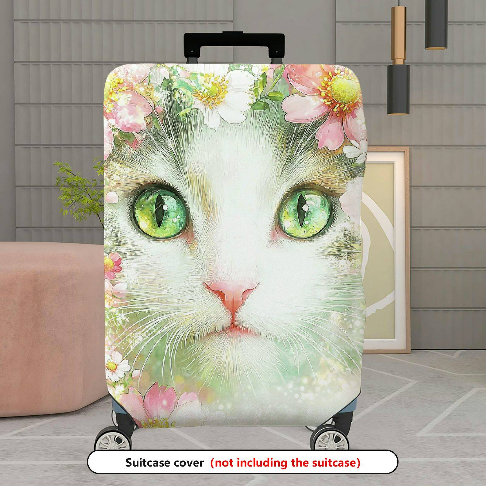 1-Piece Cat Floral Green Pink Artistic Colorful  Suitcase Luggage Cover, Stretch Protective Sleeve