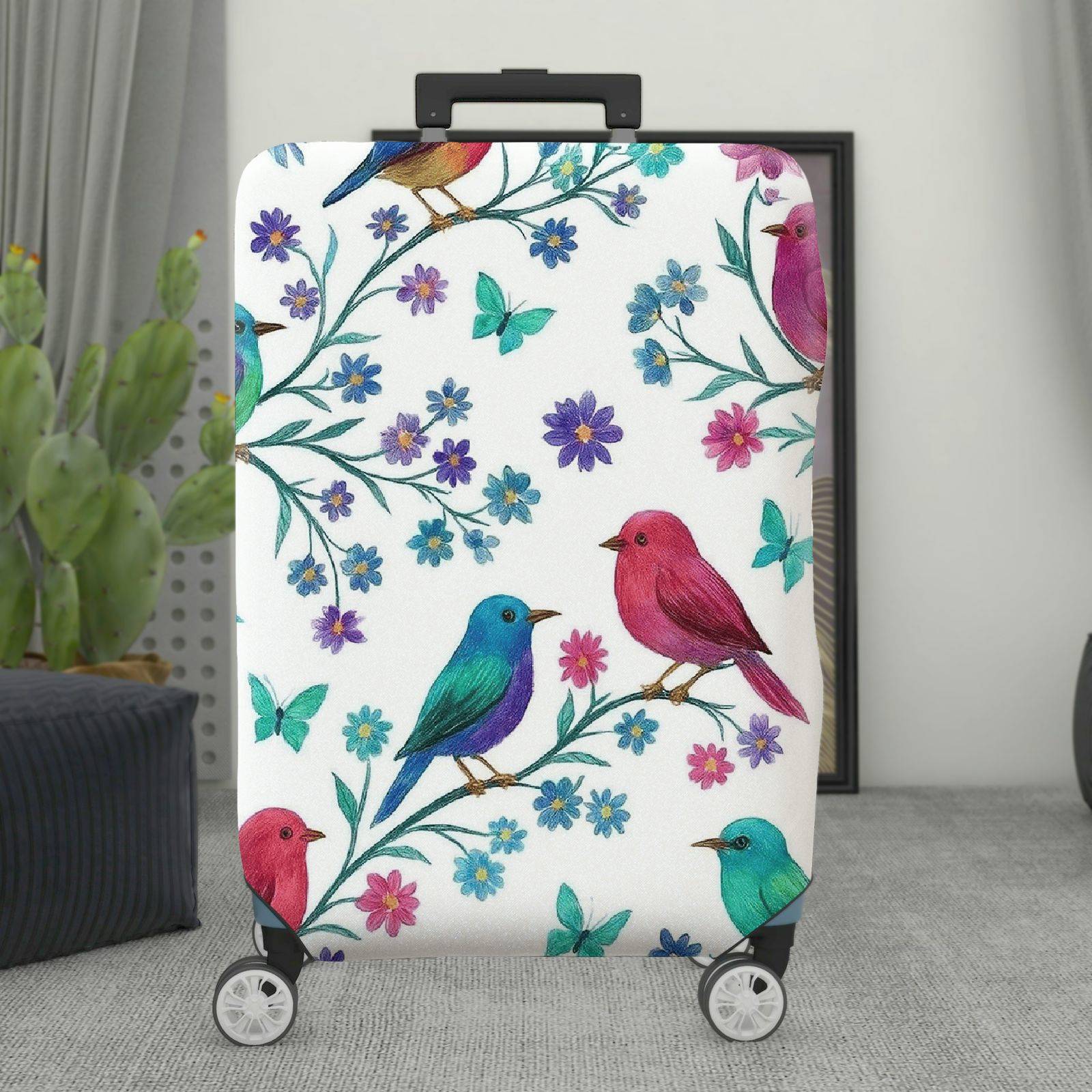 1-Piece Birds Floral Butterfly Branch Colorful  Suitcase Luggage Cover, Stretch Protective Sleeve