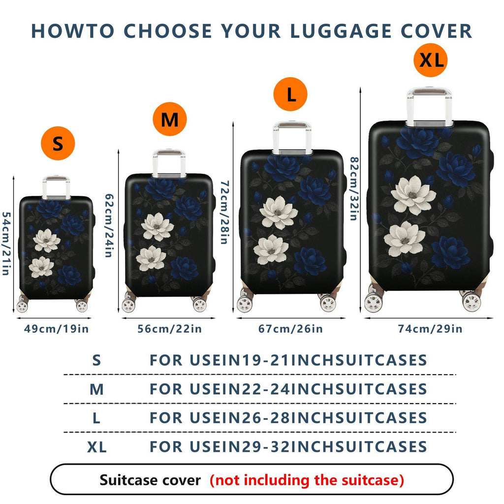 1-Piece Black Floral White Blue Elegant Chic Artistic  Suitcase Luggage Cover, Stretch Protective Sleeve