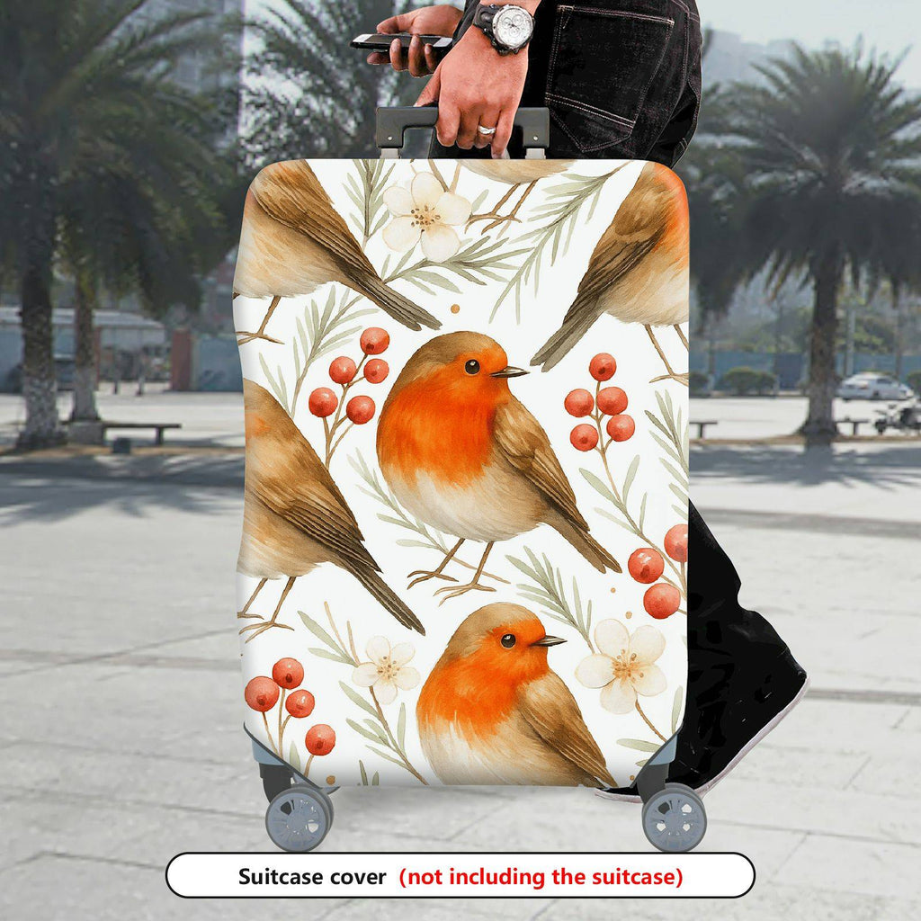 1-Piece Robin Bird Floral Berry Nature Christmas  Suitcase Luggage Cover, Stretch Protective Sleeve