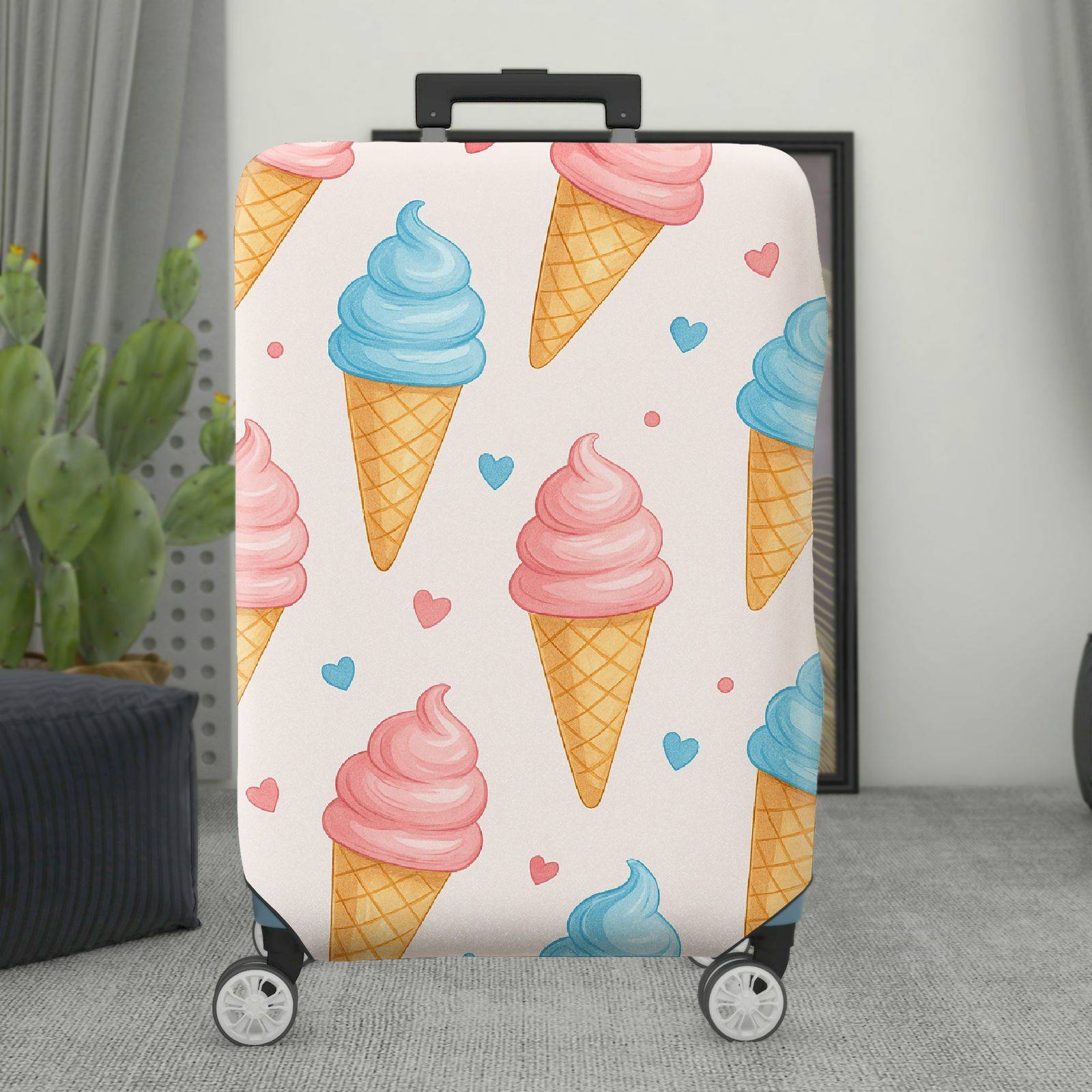 1-Piece Ice Cream Cone Heart Pattern Pastel Pink Blue Travel  Suitcase Luggage Cover, Stretch Protective Sleeve