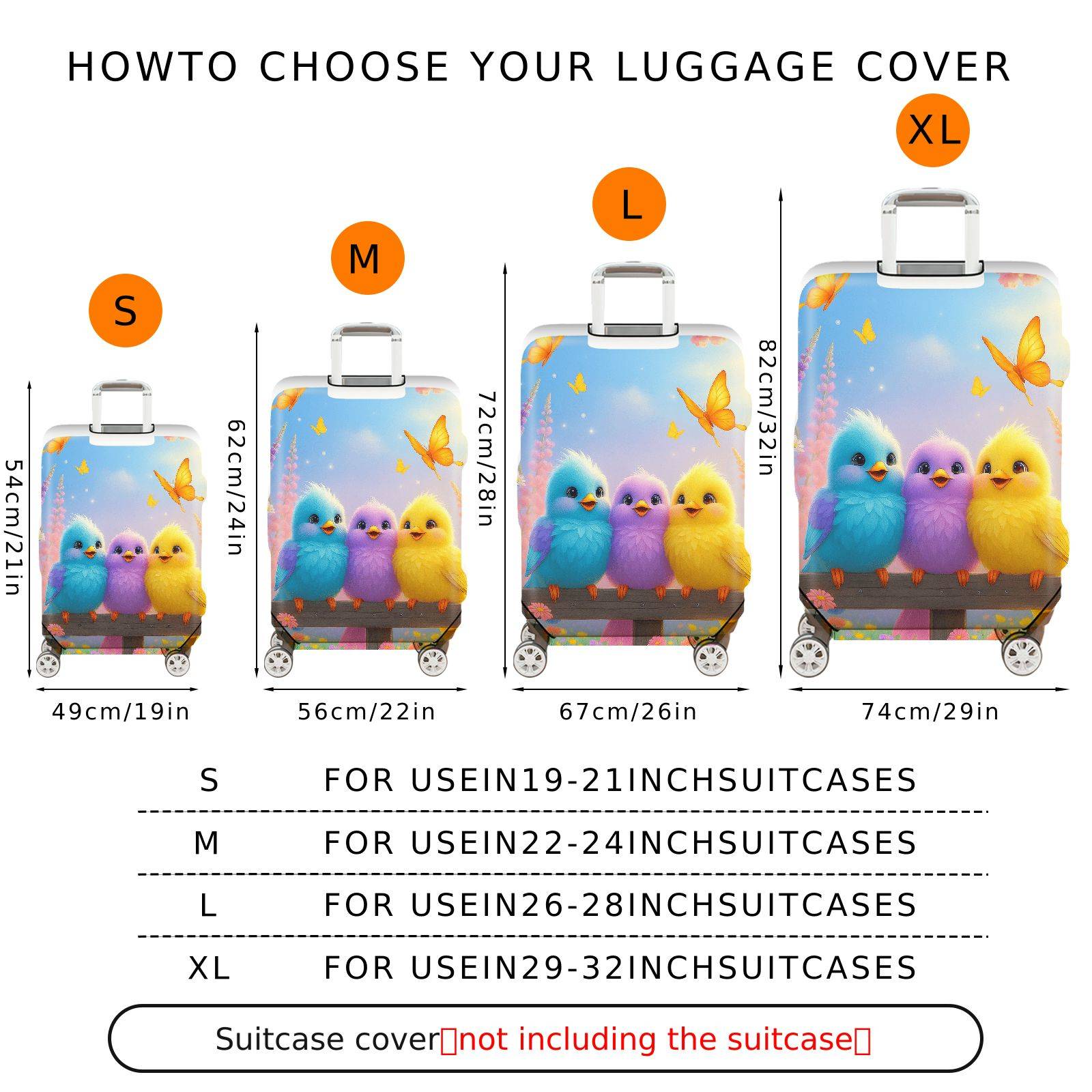 1-Piece Cute Birds Floral Sky Butterfly Colorful  Suitcase Luggage Cover, Stretch Protective Sleeve