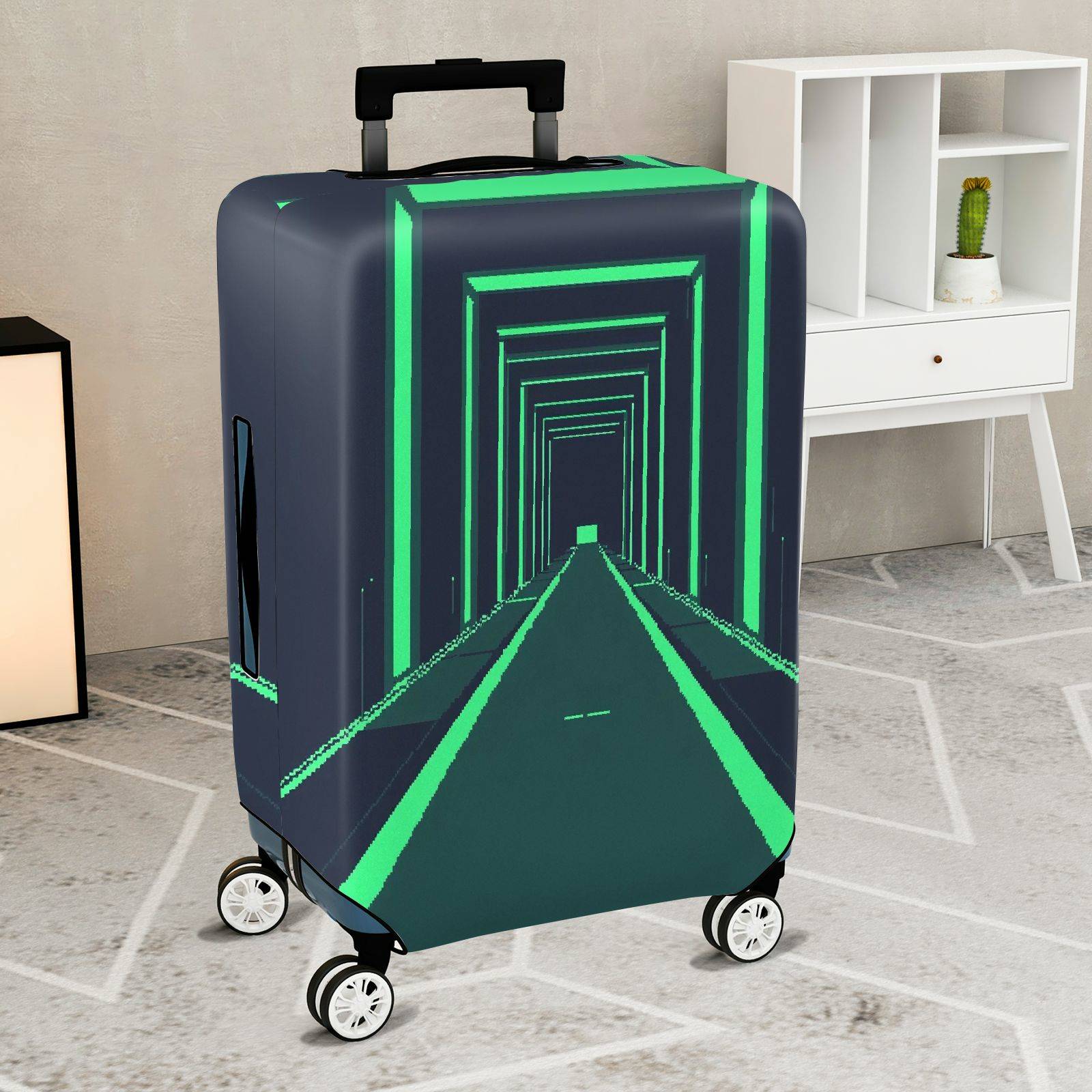 1-Piece Geometric  Futuristic Tunnel Dark Blue Green  Suitcase Luggage Cover, Stretch Protective Sleeve