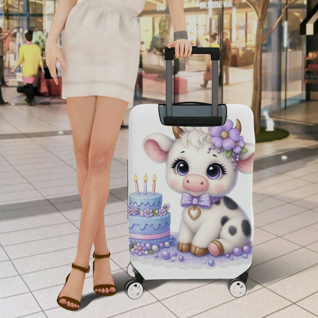 1-Piece Adorable  Cow Birthday Cake Purple Flower Decorative  Suitcase Luggage Cover, Stretch Protective Sleeve