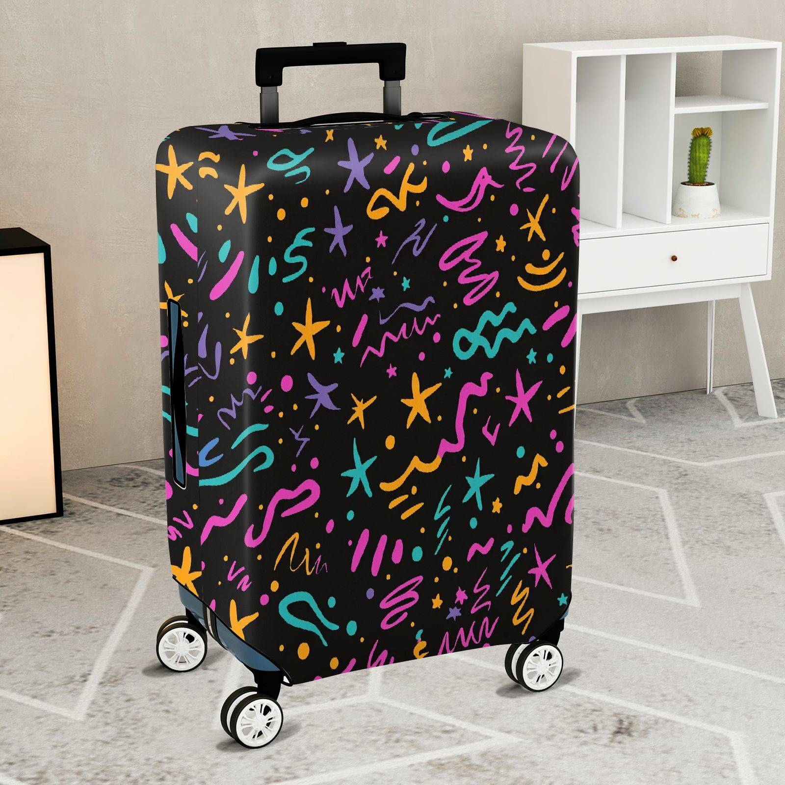 1-Piece Abstract Colorful Star Line Art Pattern Black  Suitcase Luggage Cover, Stretch Protective Sleeve