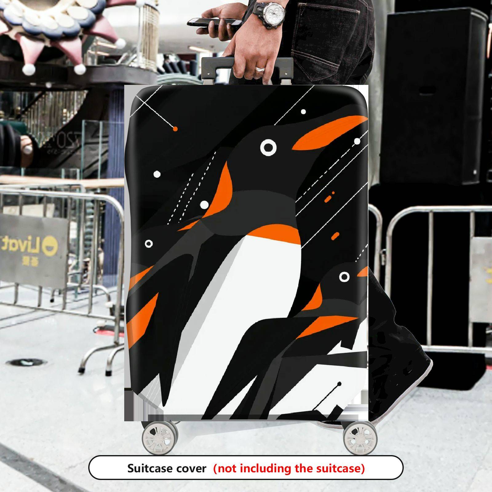 1-Piece Penguin Black White Orange Geometric Modern Travel  Suitcase Luggage Cover, Stretch Protective Sleeve