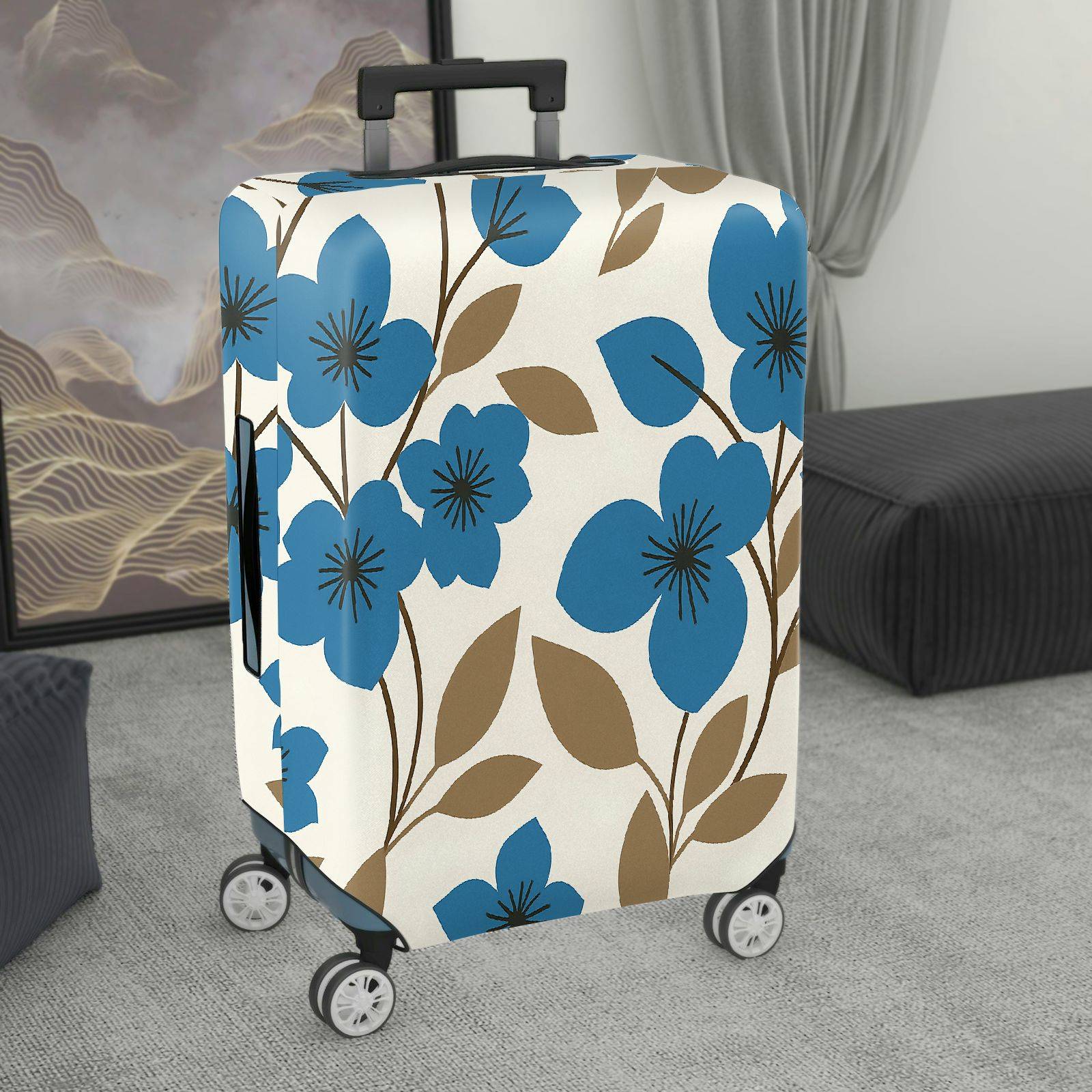 1-Piece Blue Floral Print Decorative  Suitcase Luggage Cover, Stretch Protective Sleeve