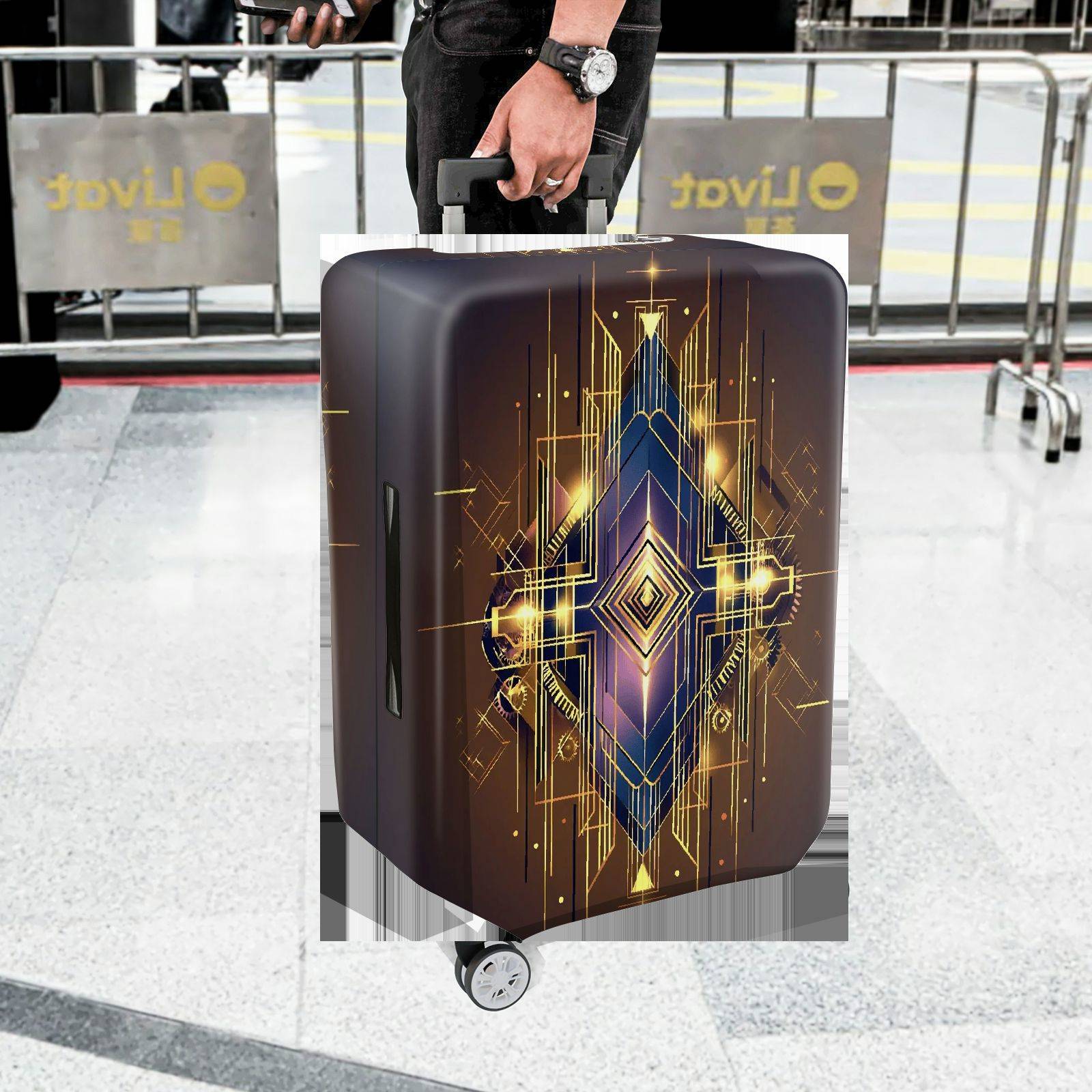 1-Piece Geometric Abstract Gold Line Art Deco Stylish Dark  Suitcase Luggage Cover, Stretch Protective Sleeve