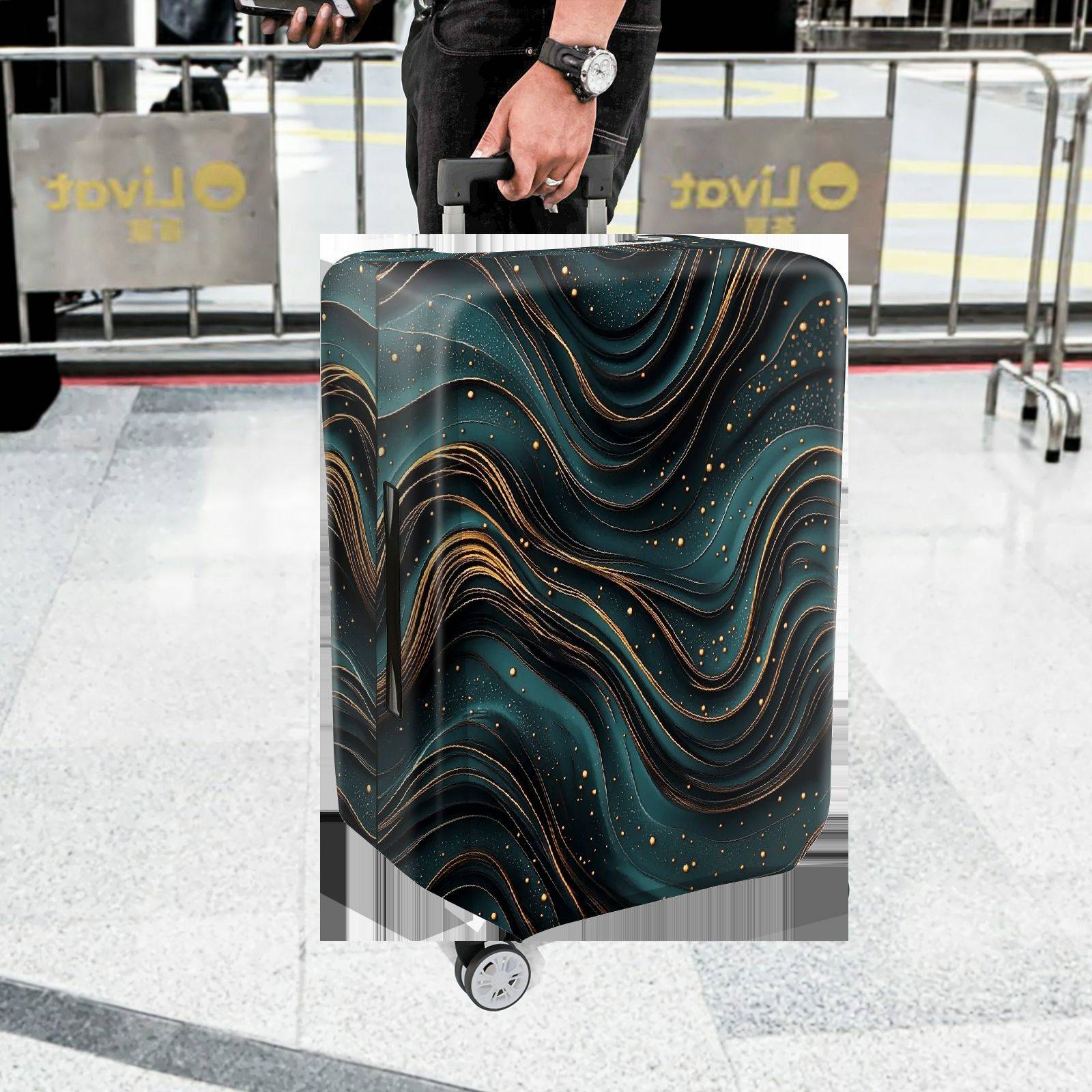 1-Piece Abstract Waves Pattern Teal Gold Artistic Modern  Suitcase Luggage Cover, Stretch Protective Sleeve