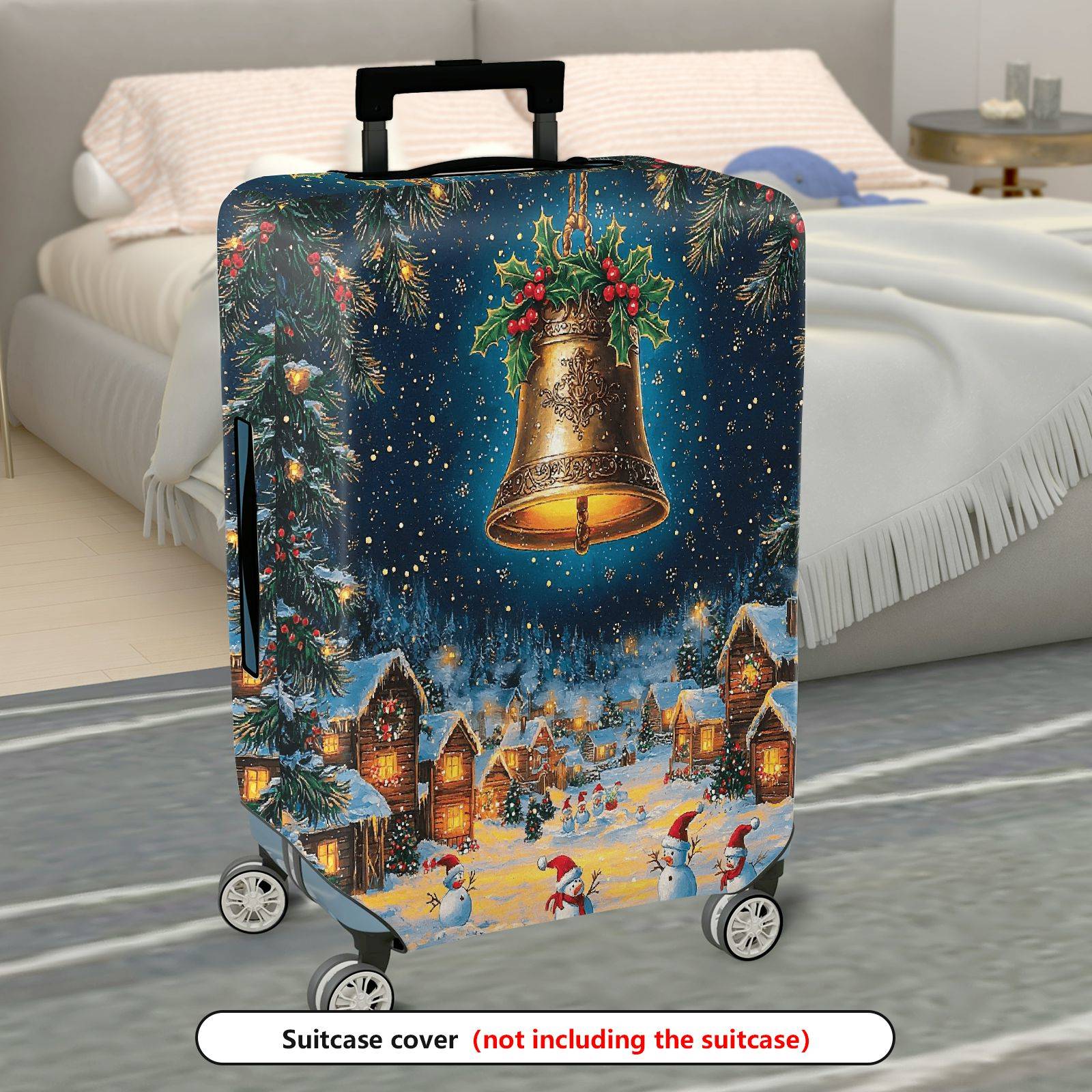 1-Piece Christmas Winter Holiday Bell Snow Village Snowman  Suitcase Luggage Cover, Stretch Protective Sleeve