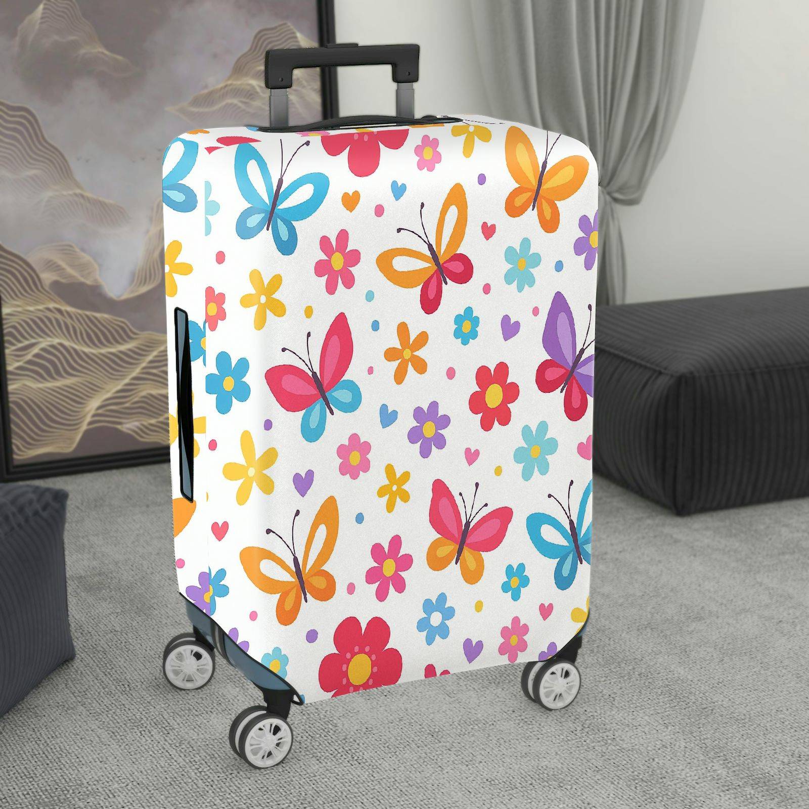 1-Piece Colorful Floral Butterfly Heart Travel Holiday Vibrant  Suitcase Luggage Cover, Stretch Protective Sleeve