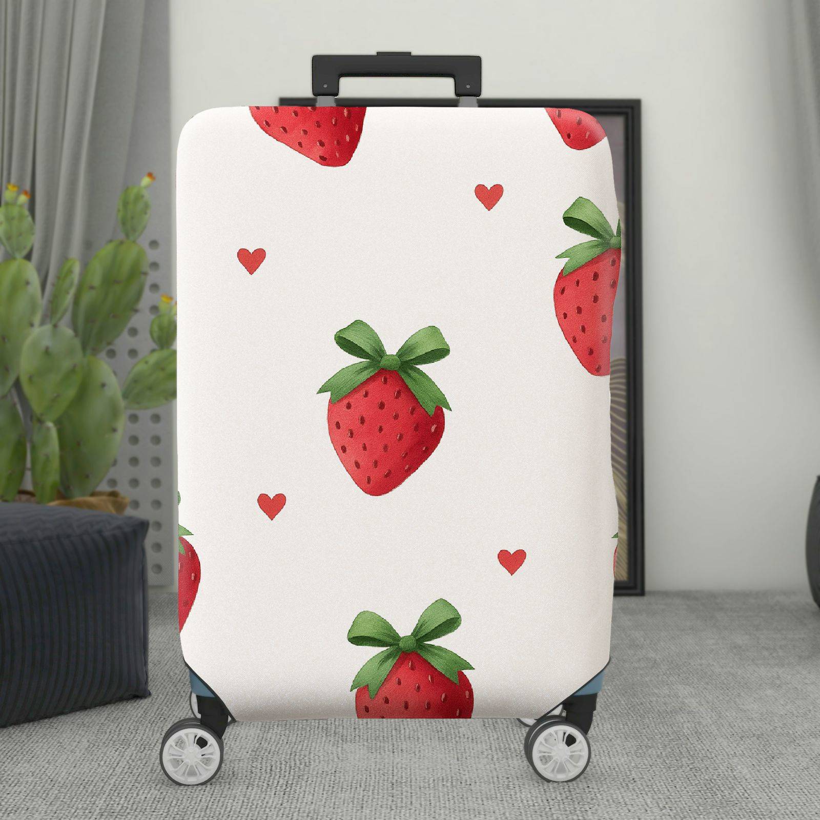 1-Piece Strawberry Heart Love White Red Green Pattern  Suitcase Luggage Cover, Stretch Protective Sleeve