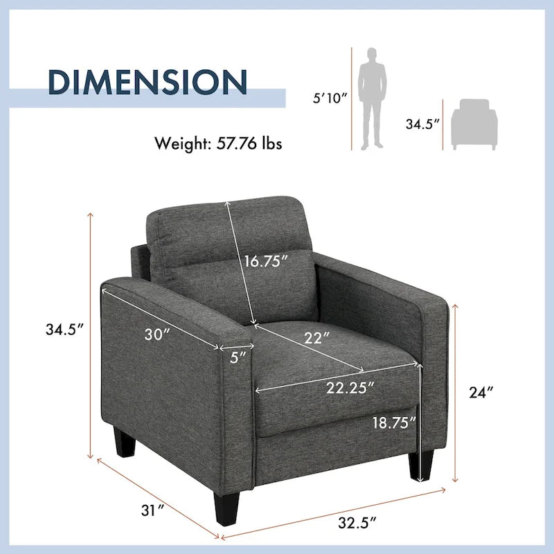 Wystan Contemporary Track Arms Chair with Solid Wood Tapered Legs, Upholstered Fabric Single Sofa Chair by Furniture of America