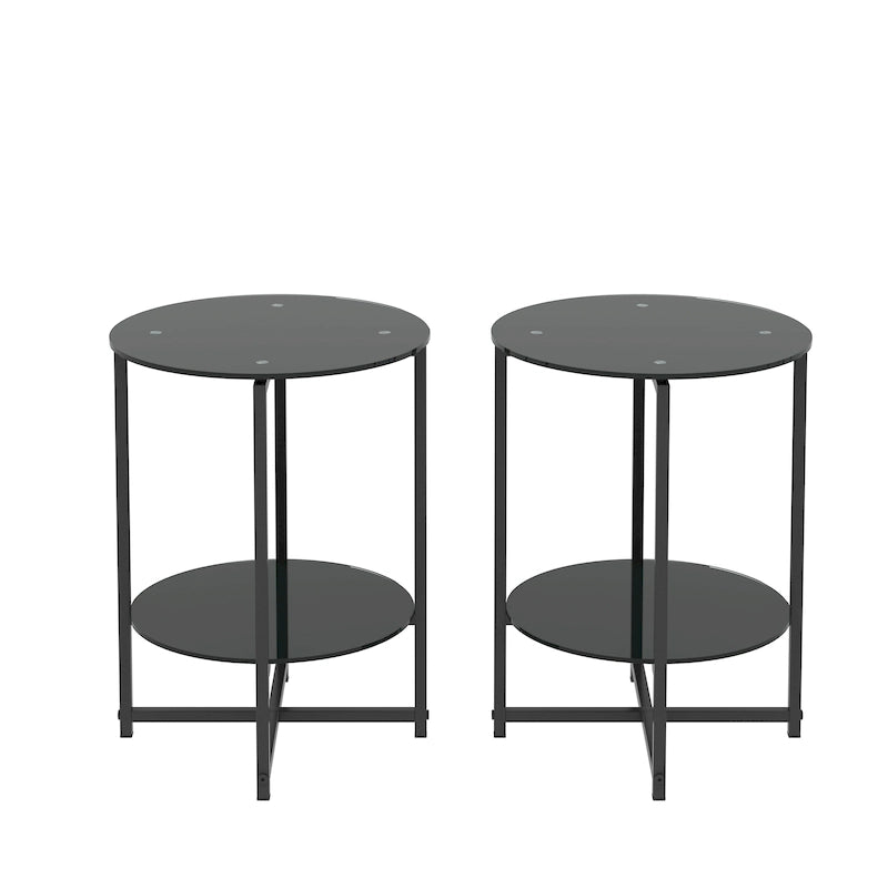 2-piece set (Black) Tempered Glass End Table, Round Coffee Table for Bedroom Living Room Office