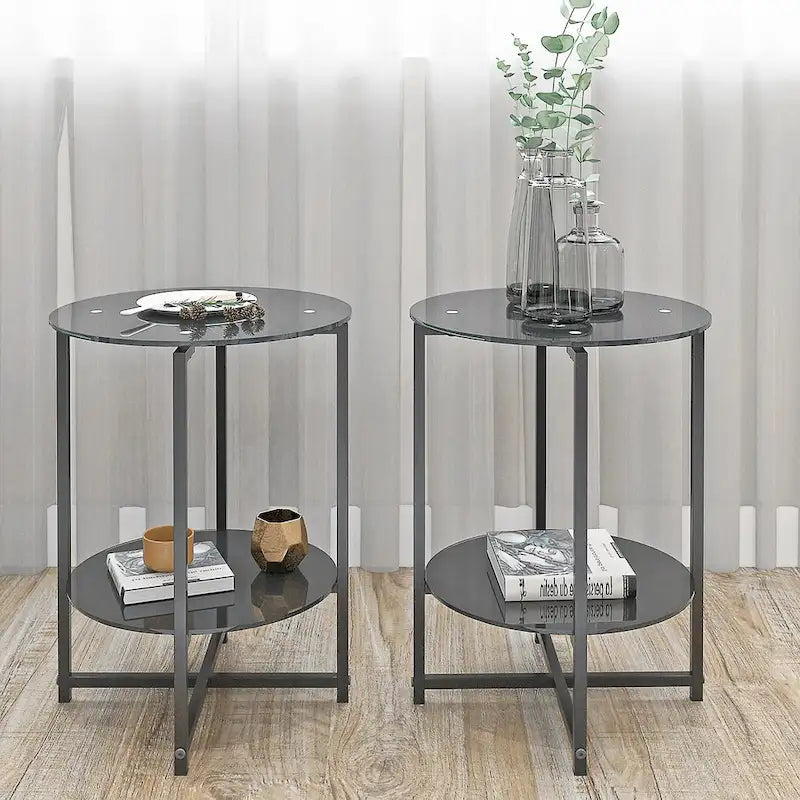 2-piece set (Black) Tempered Glass End Table, Round Coffee Table for Bedroom Living Room Office