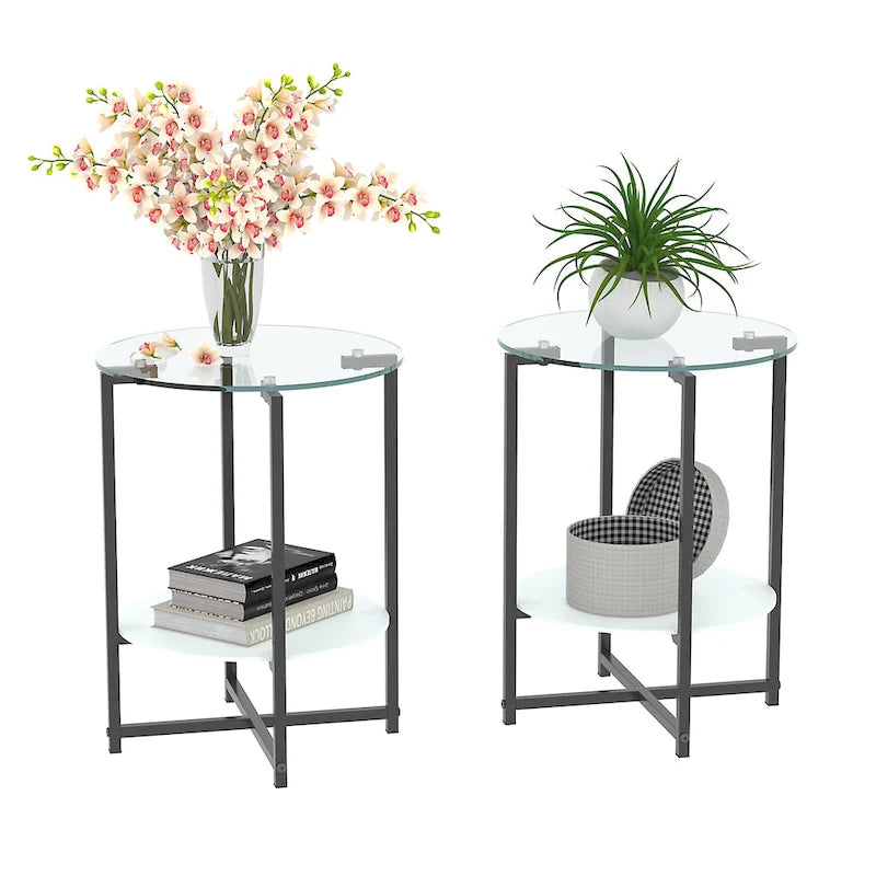 2-piece set (Black) Tempered Glass End Table, Round Coffee Table for Bedroom Living Room Office