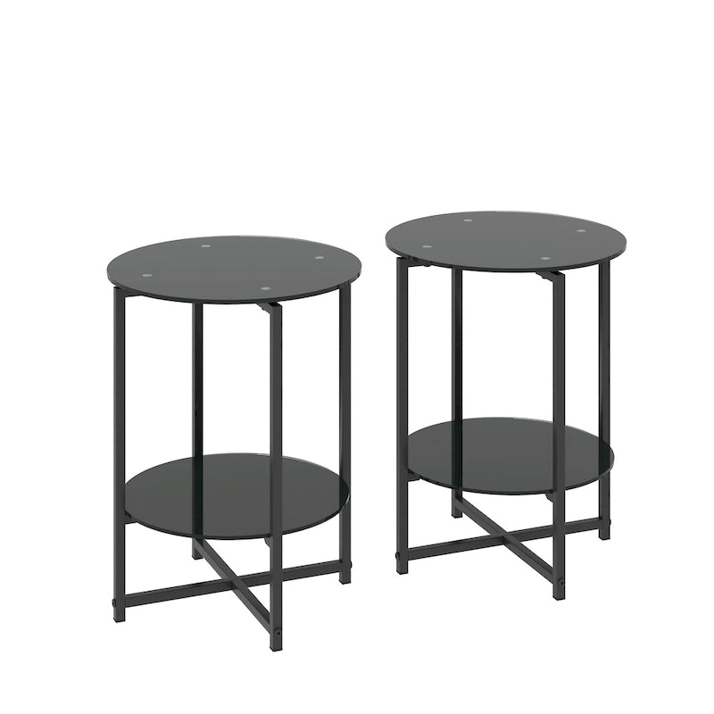 2-piece set (Black) Tempered Glass End Table, Round Coffee Table for Bedroom Living Room Office