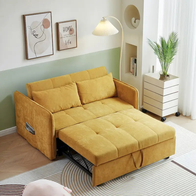 Yellow Chenille Fabric Pull-Out Sofa Bed Sleeper - 39.00 x 53.50 x 31.50