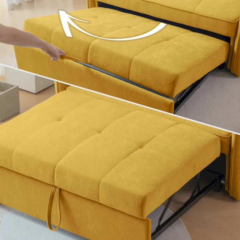 Yellow Chenille Fabric Pull-Out Sofa Bed Sleeper - 39.00 x 53.50 x 31.50