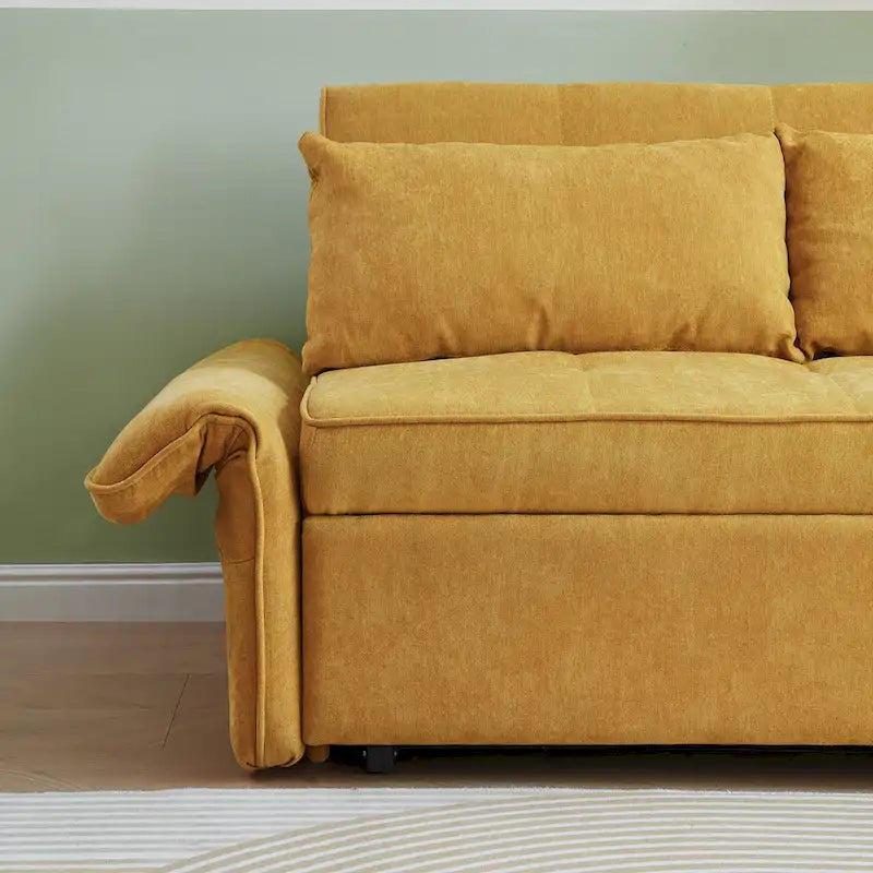 Yellow Chenille Fabric Pull-Out Sofa Bed Sleeper - 39.00 x 53.50 x 31.50
