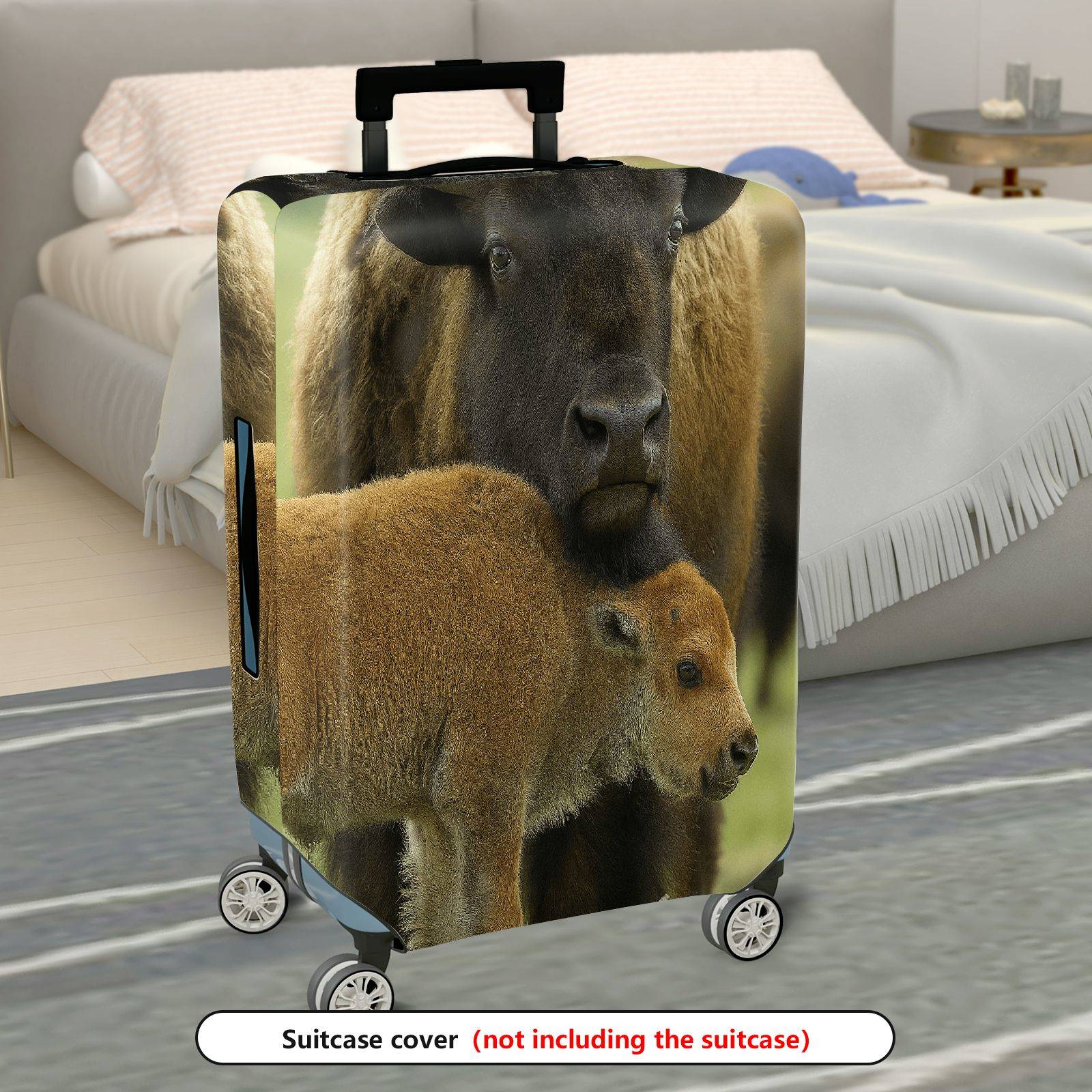 1-Piece Animal Nature Wildlife Family Buffalo Cow Calf  Suitcase Luggage Cover, Stretch Protective Sleeve