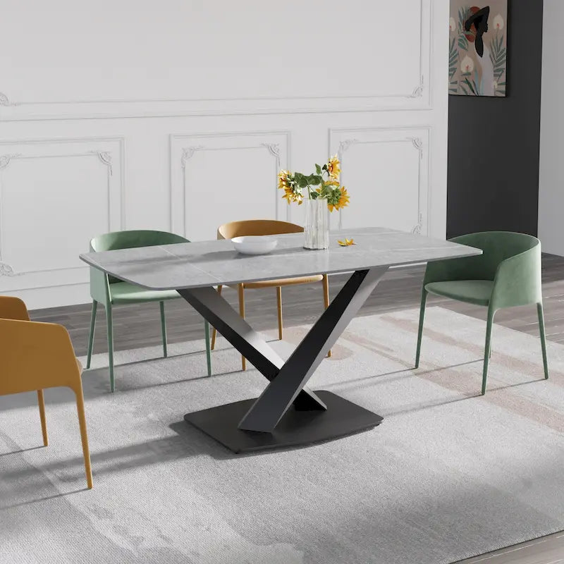 63 Modern Dining Table with Slate Stone Top and Metal Legs, Marble Dining Table