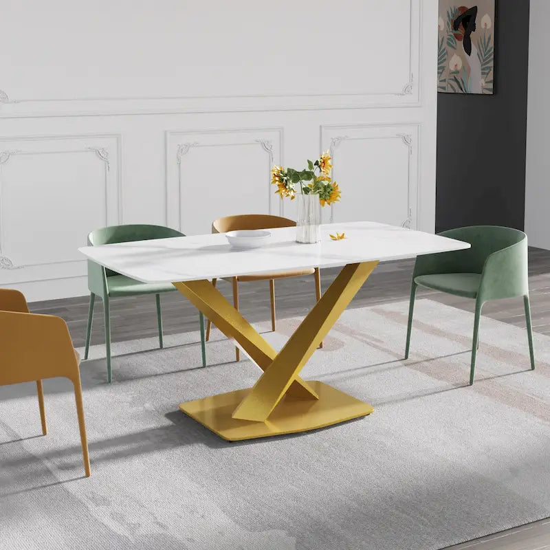 63 Modern Dining Table with Slate Stone Top and Metal Legs, Marble Dining Table