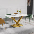 63 Modern Dining Table with Slate Stone Top and Metal Legs, Marble Dining Table