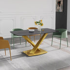 63 Modern Dining Table with Slate Stone Top and Metal Legs, Marble Dining Table