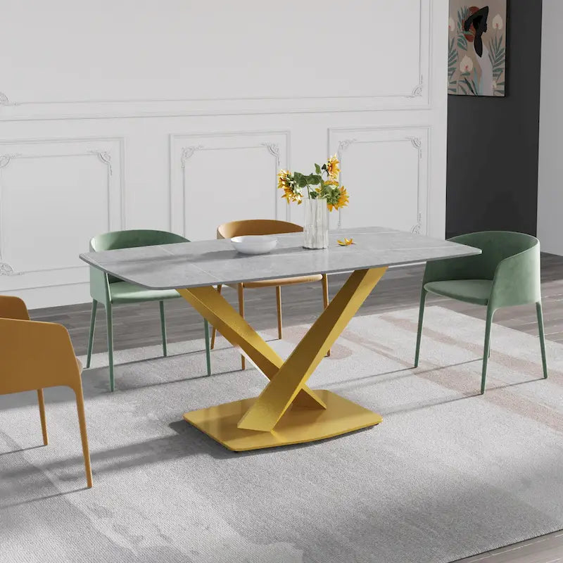 63 Modern Dining Table with Slate Stone Top and Metal Legs, Marble Dining Table