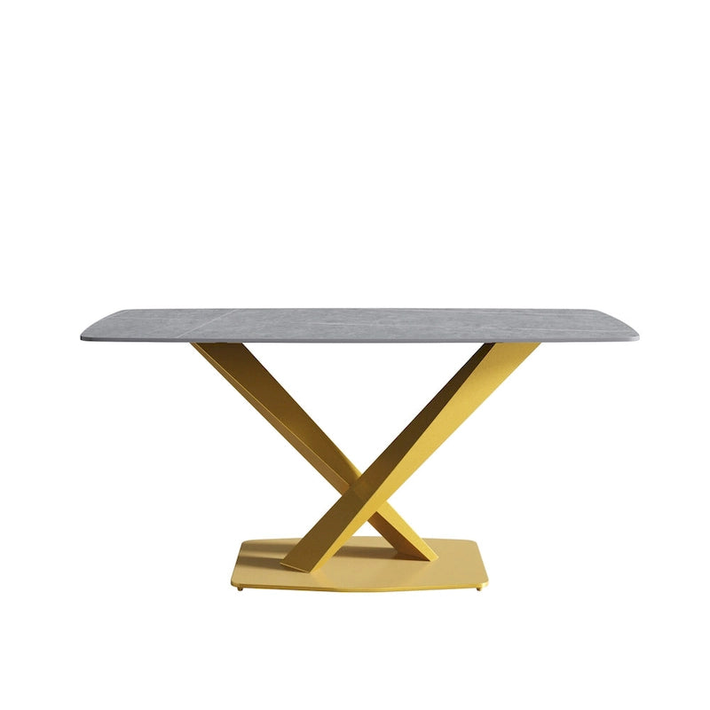 63 Modern Dining Table with Slate Stone Top and Metal Legs, Marble Dining Table
